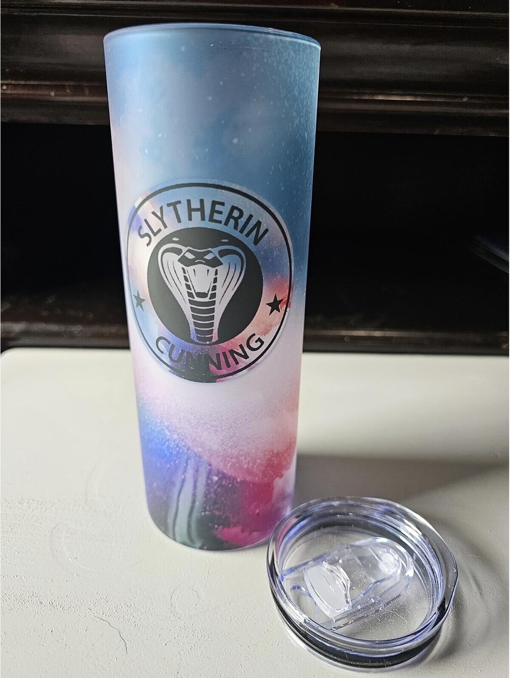 Custom Slytherin Serpent Crest 20oz Frosted Glass Tumbler Lid Straw New